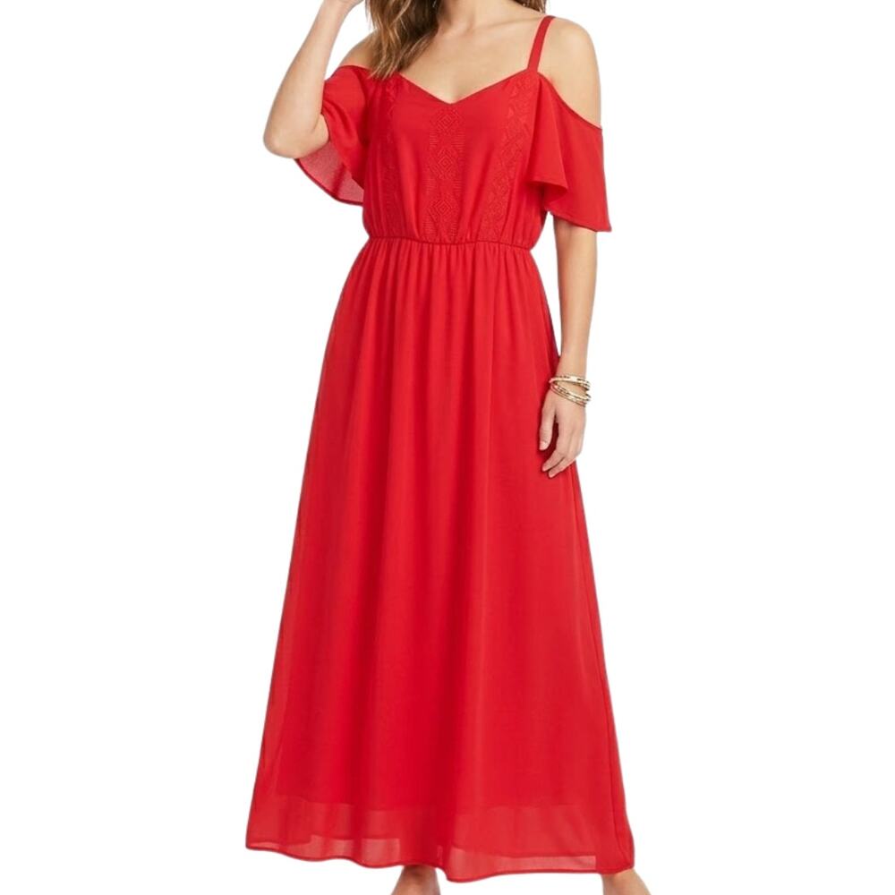 Gibson Latimer Cherry Red Embroidered Cold Shoulder Maxi Dress size S Summer